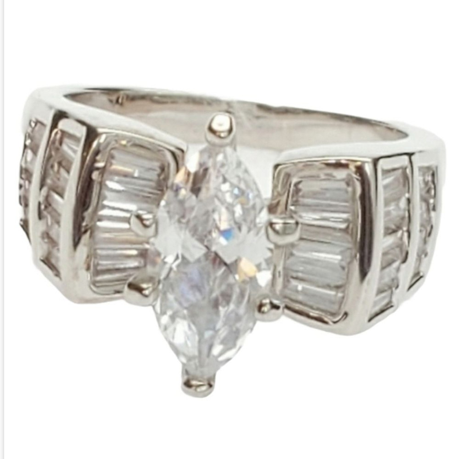 Silver Rhodium Plated Marquise Solitaire Ring Size10