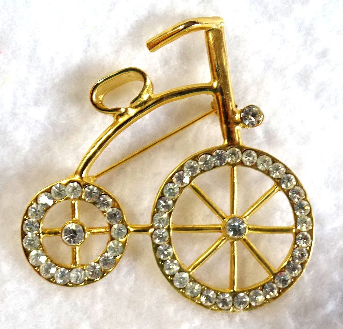 Bicycle Brooch Pin Goldtone with White Rhinestone Detail 2-1/4 x 2-1/4″