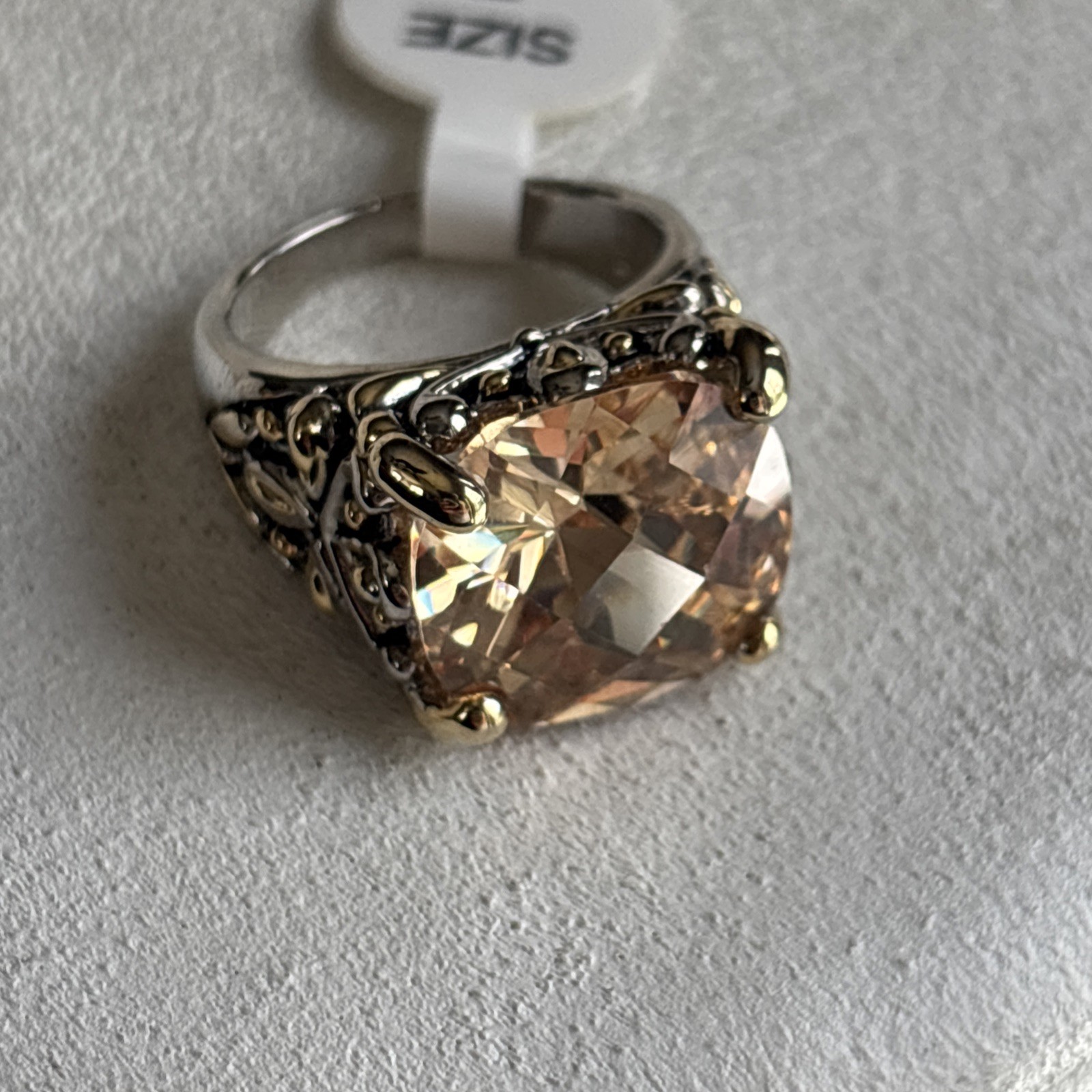 Inspirational Champagne Cushion Cut CZ Crystal Silver Gold Balinese Ring Size 7