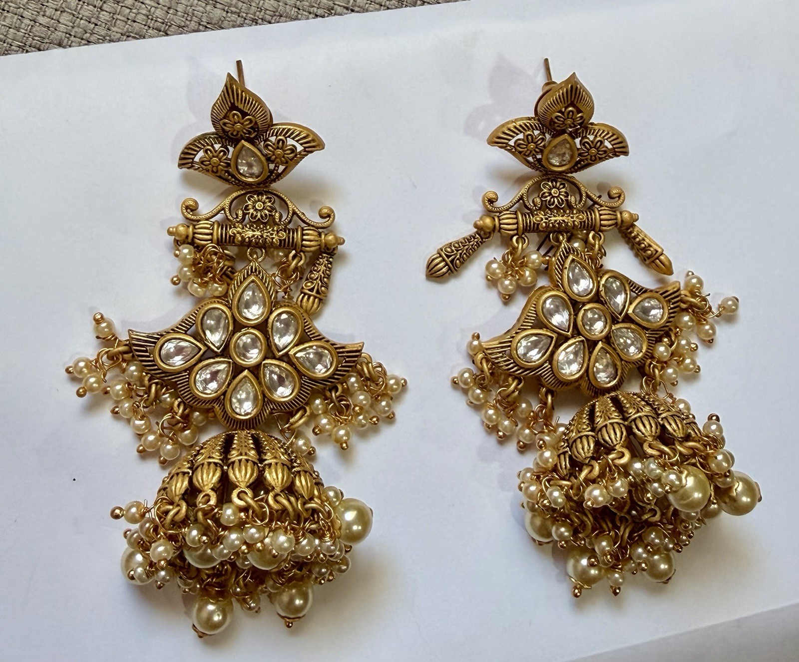 Gold Tone Chandelier Dangle Earrings w/ Crystal & Pearl Fringe Hooks