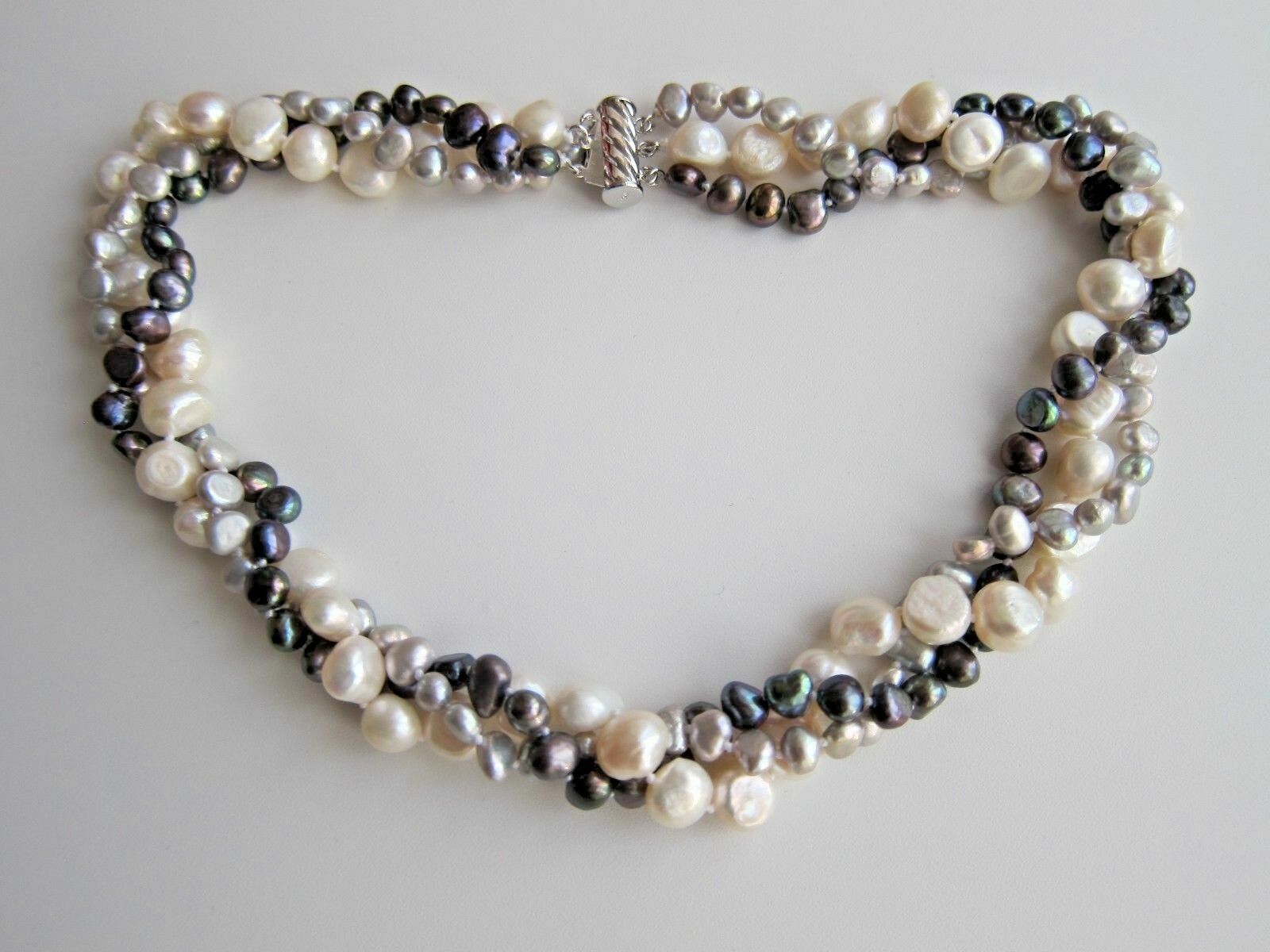 3 or 4 Row Baroque Multicolour F.W. Cultured Pearl Necklace; White, Black & Grey