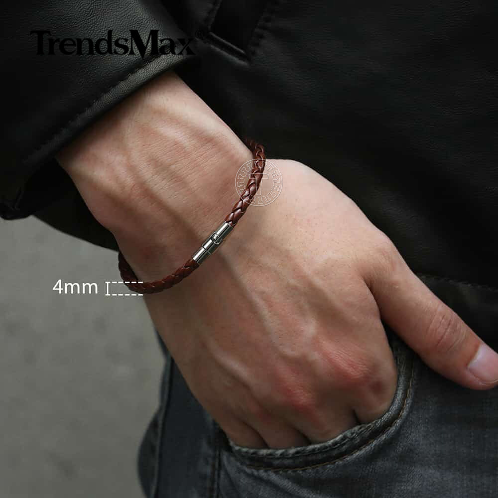 4mm Brown Braided Cord Rope Man-made Leather Bracelet Magnetic Clasp 8″