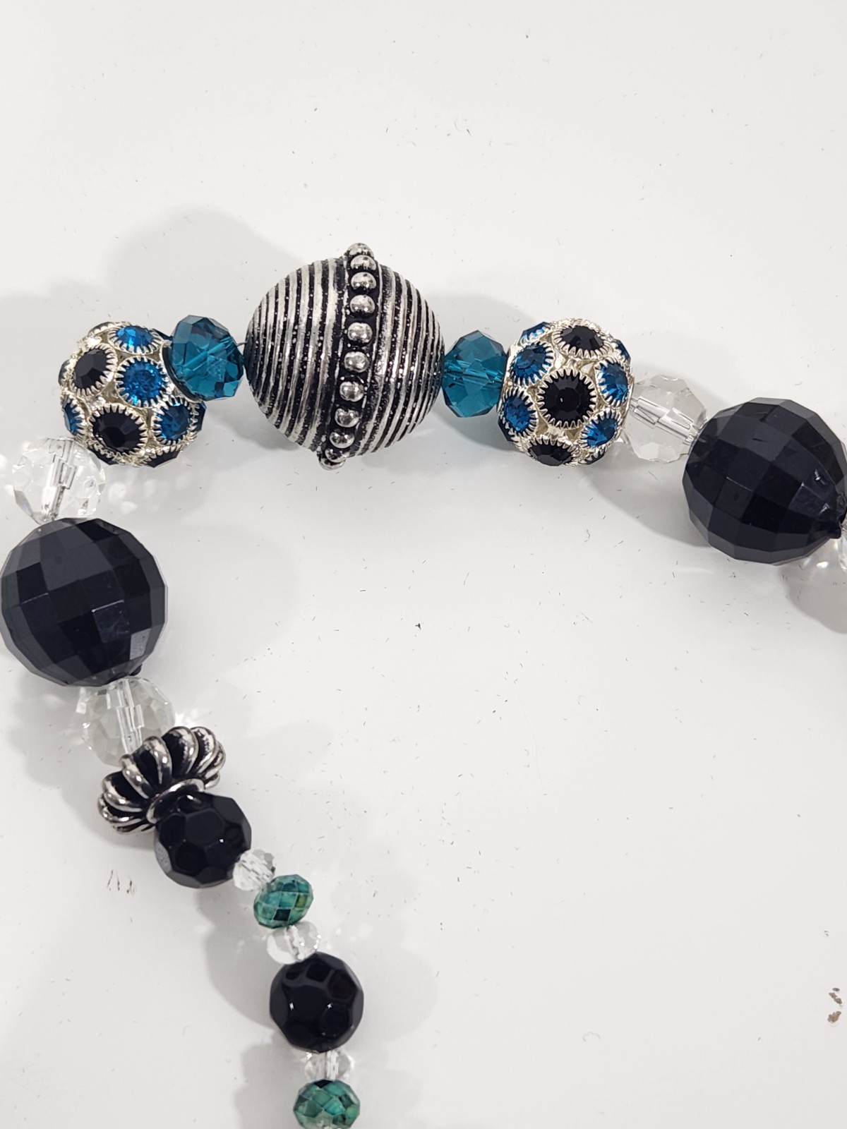 Black Silver Blue Glass Beaded Statement Necklace Rhinestone 24 in