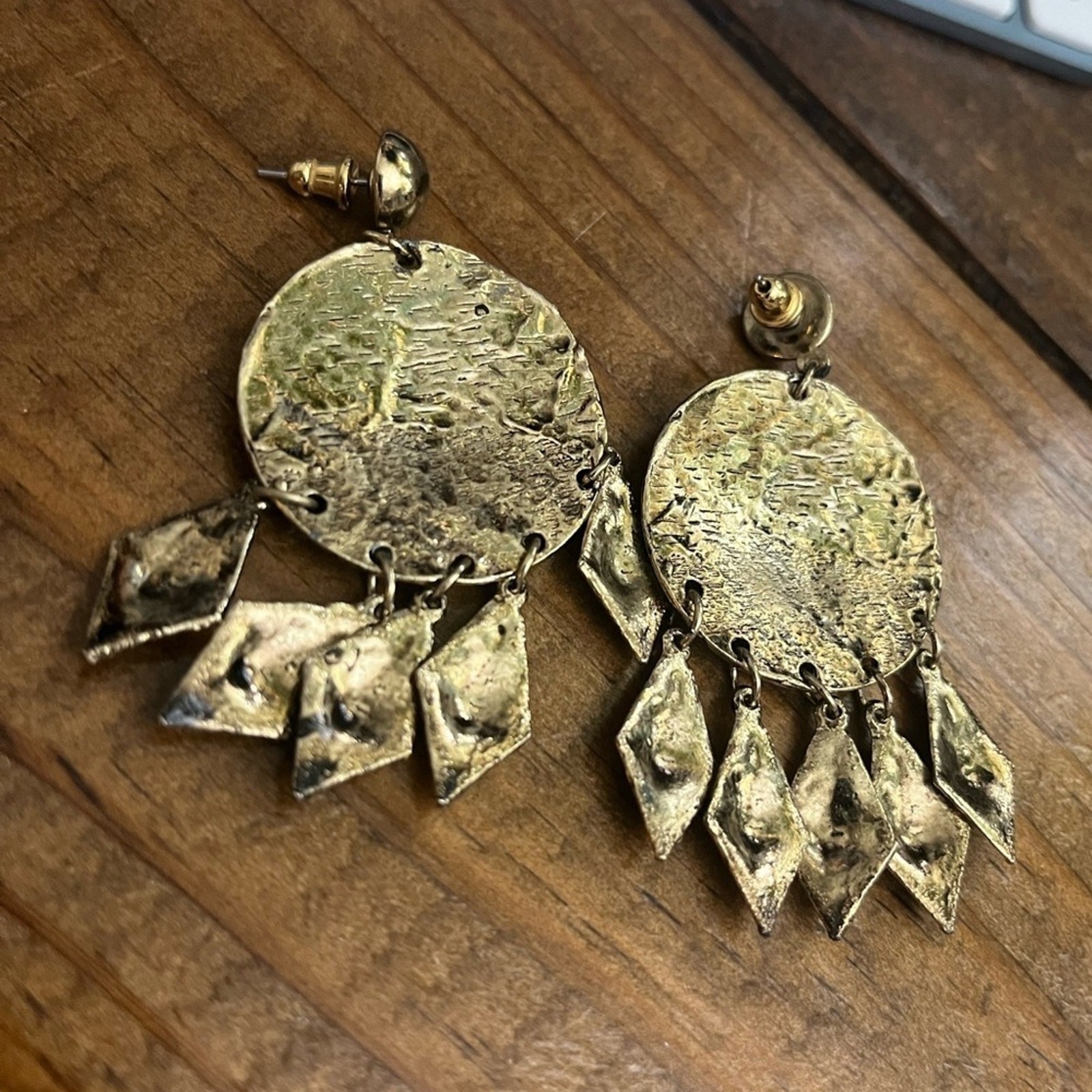 Vintage 80s 1980s HUGE Gold and Black Stone Oversized Chandelier Earrings