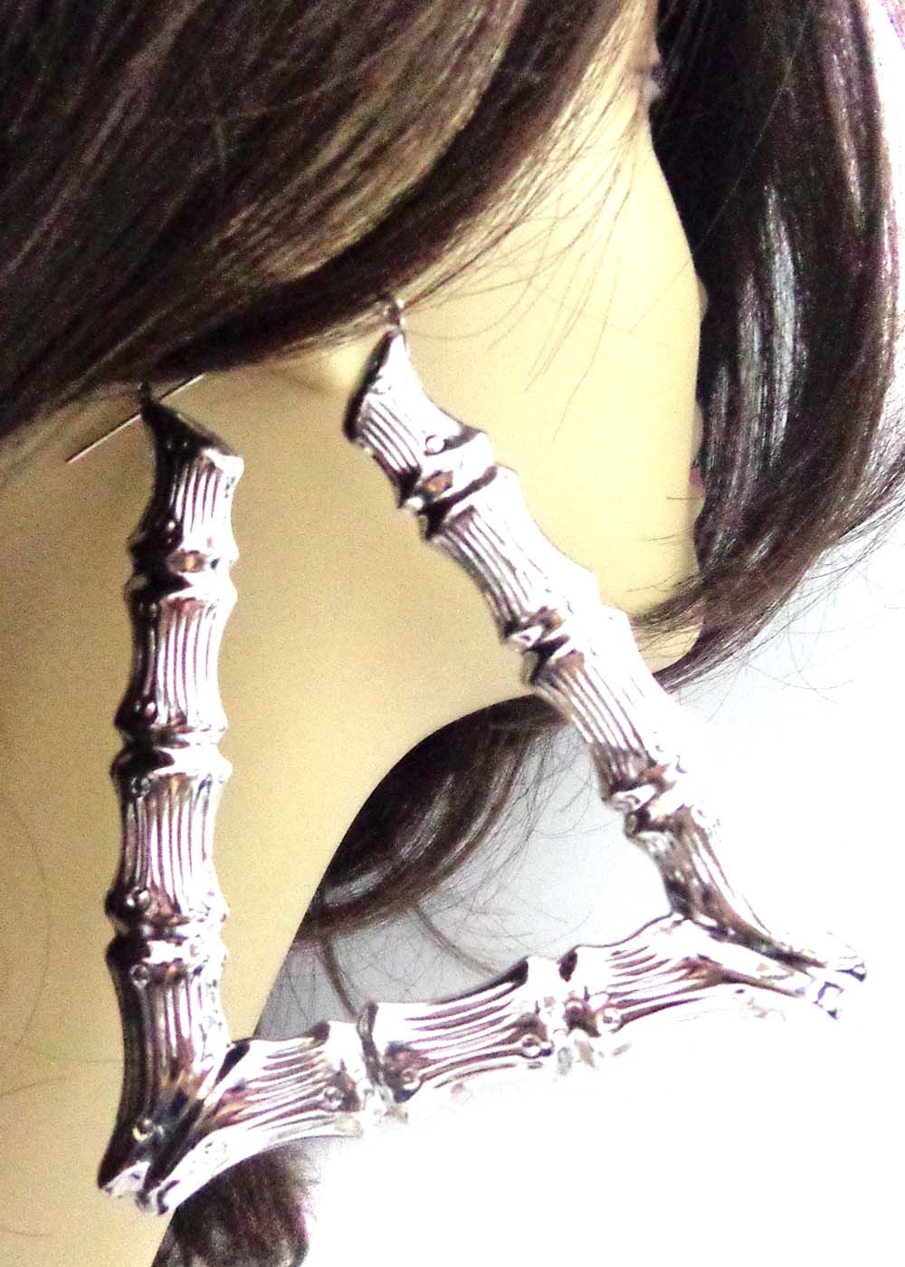 TRAPEZOID BAMBOO EARRINGS SILVER TONE HOOP EARRINGS 4 INCH TRIANGLE BAMBOO