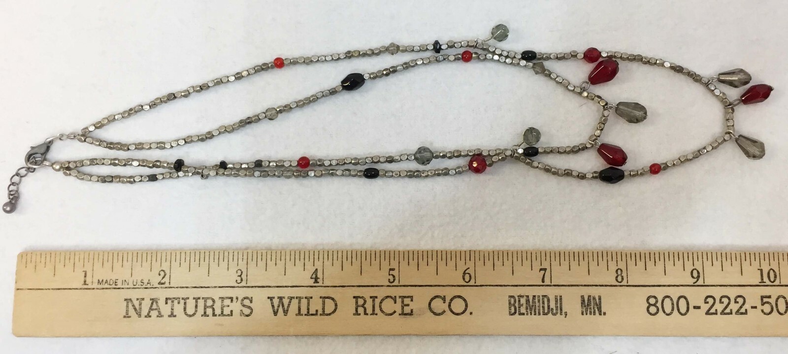 Necklace Two Strand Silver Red Gray Black Beads 2 Silvertone Curve Links w Smoky