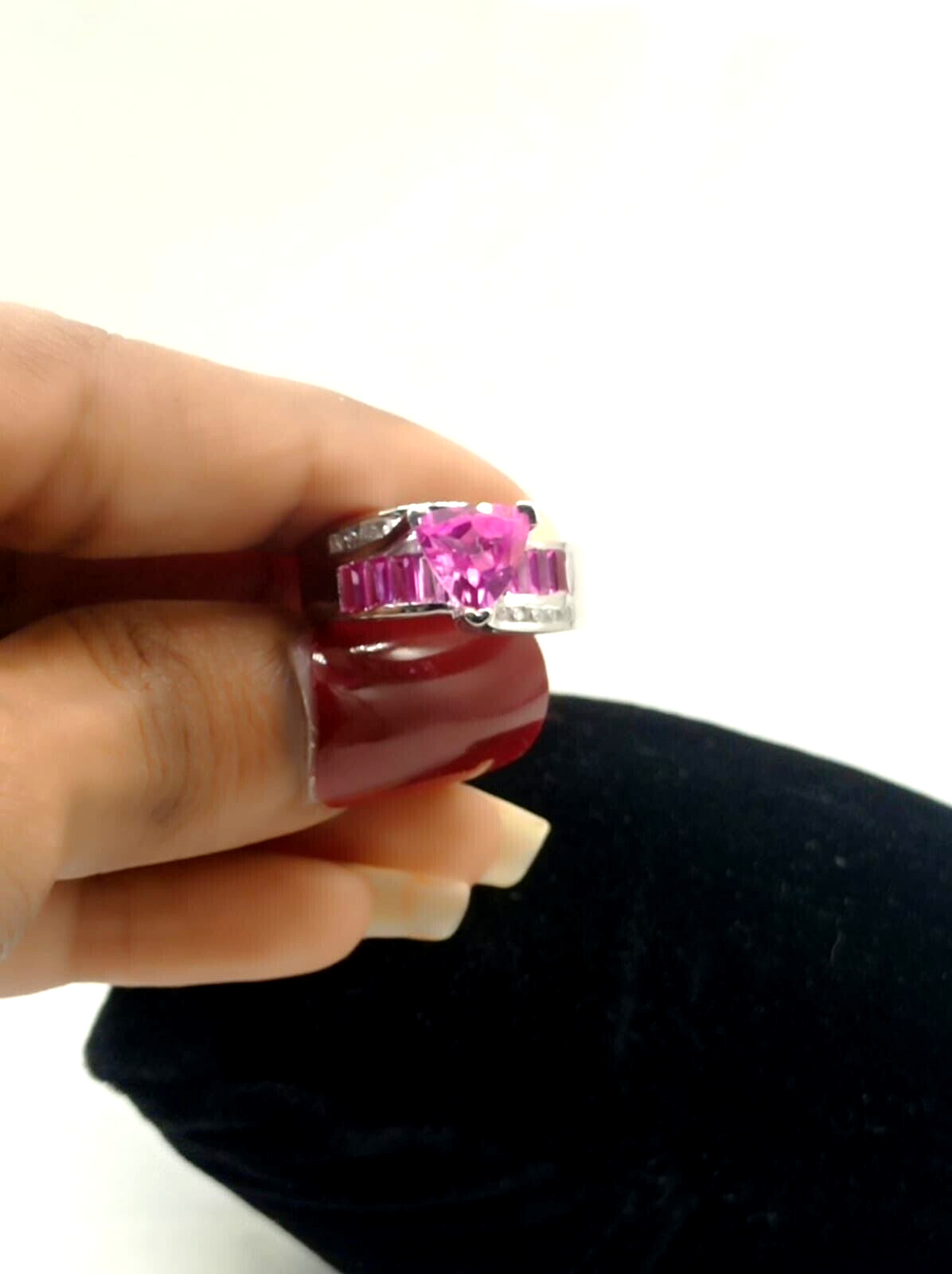 2Ct Trillion Cut Simulated Ruby Women’s Band Ring 14k White Gold Plated Silver