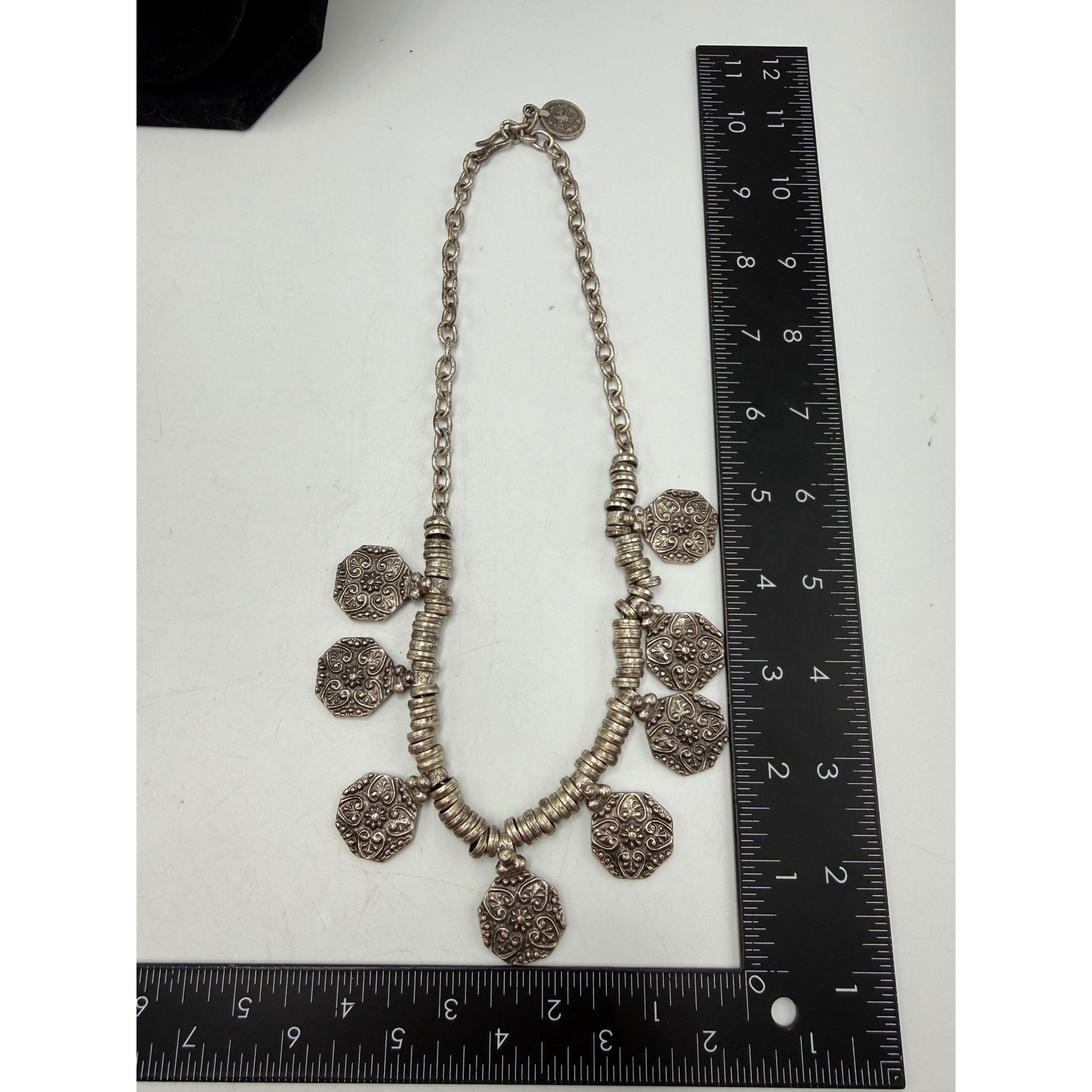 Boho Silver Tone Etched Hexagon Charm Statement Necklace Ethnic Coin Detail 20″