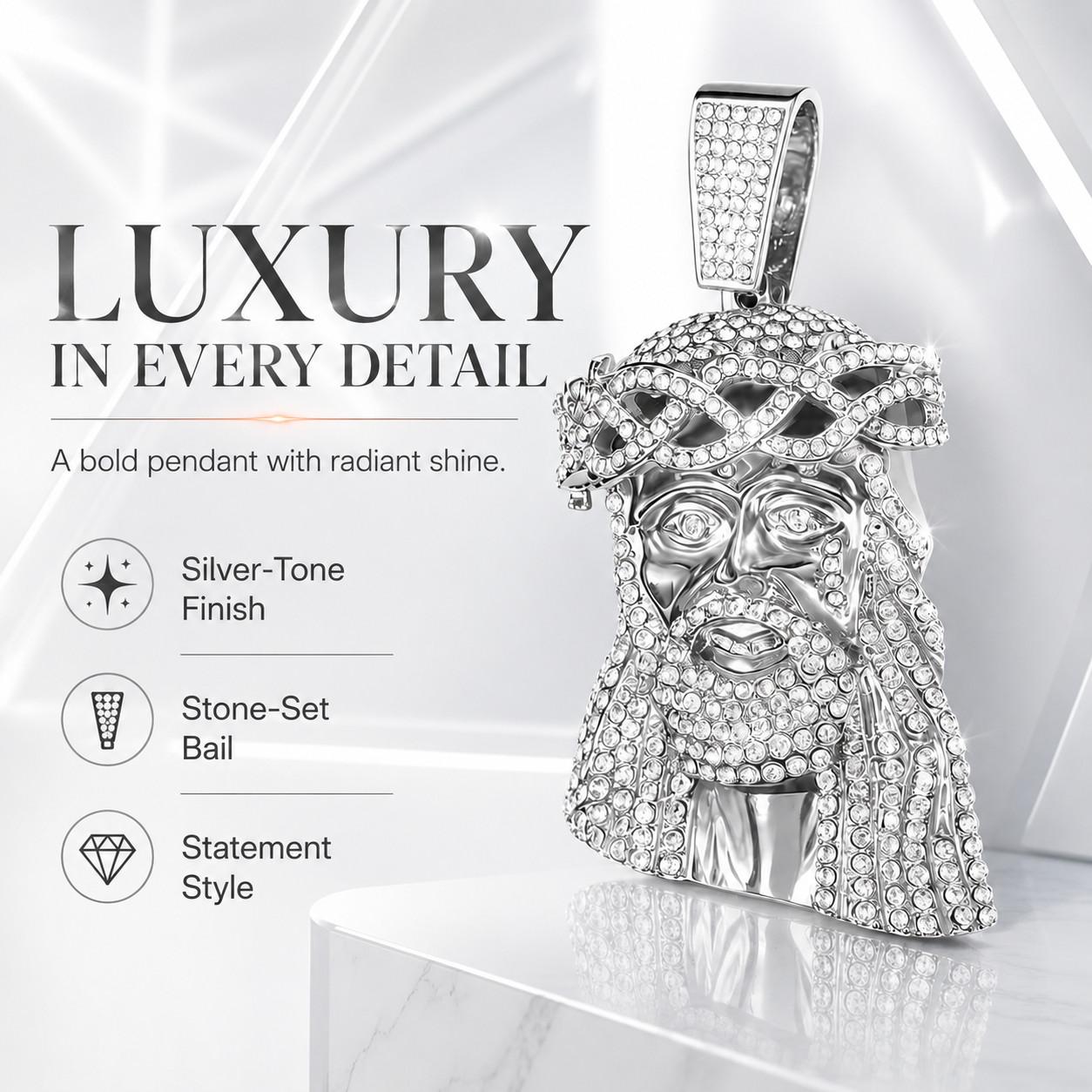 Iced Out Jesus Pendant Necklace Charm, Luxury Silver Tone Faith Inspired Hip Hop