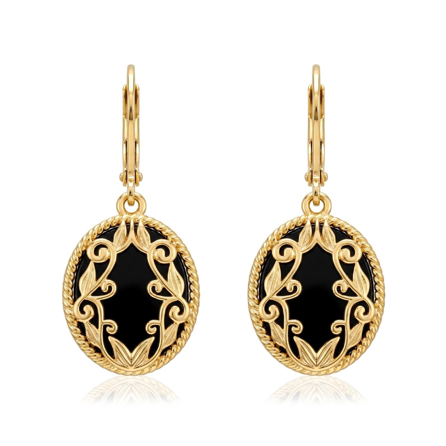 Charmsy Gold Plated Black Onyx Filigre Drop Vintage Post Earrings for Women 30mm