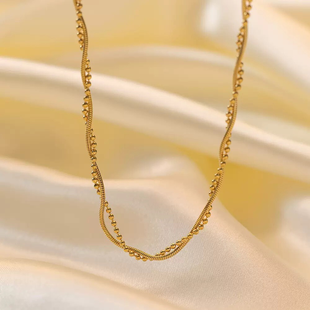 SET Woman 18K Gold Plated 2 Layers Beaded Snake Chain Twine Necklace Bracelet