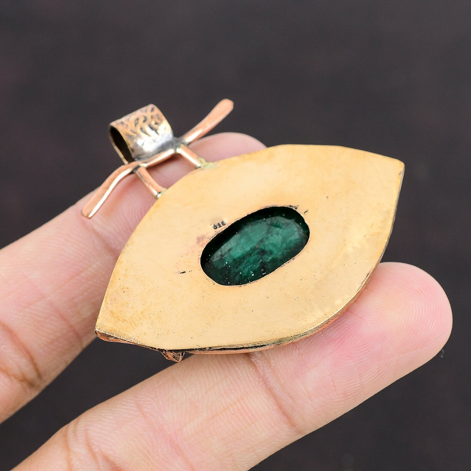 Valentines Deal Zambian Emrald Stone Copper Bezel Anniversary Engagement Pendant