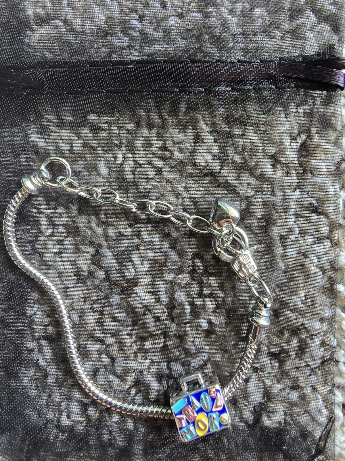 Silver-Tone Adjustable Snake Chain Charm Bracelet, Lobster Clasp, Bead Charm