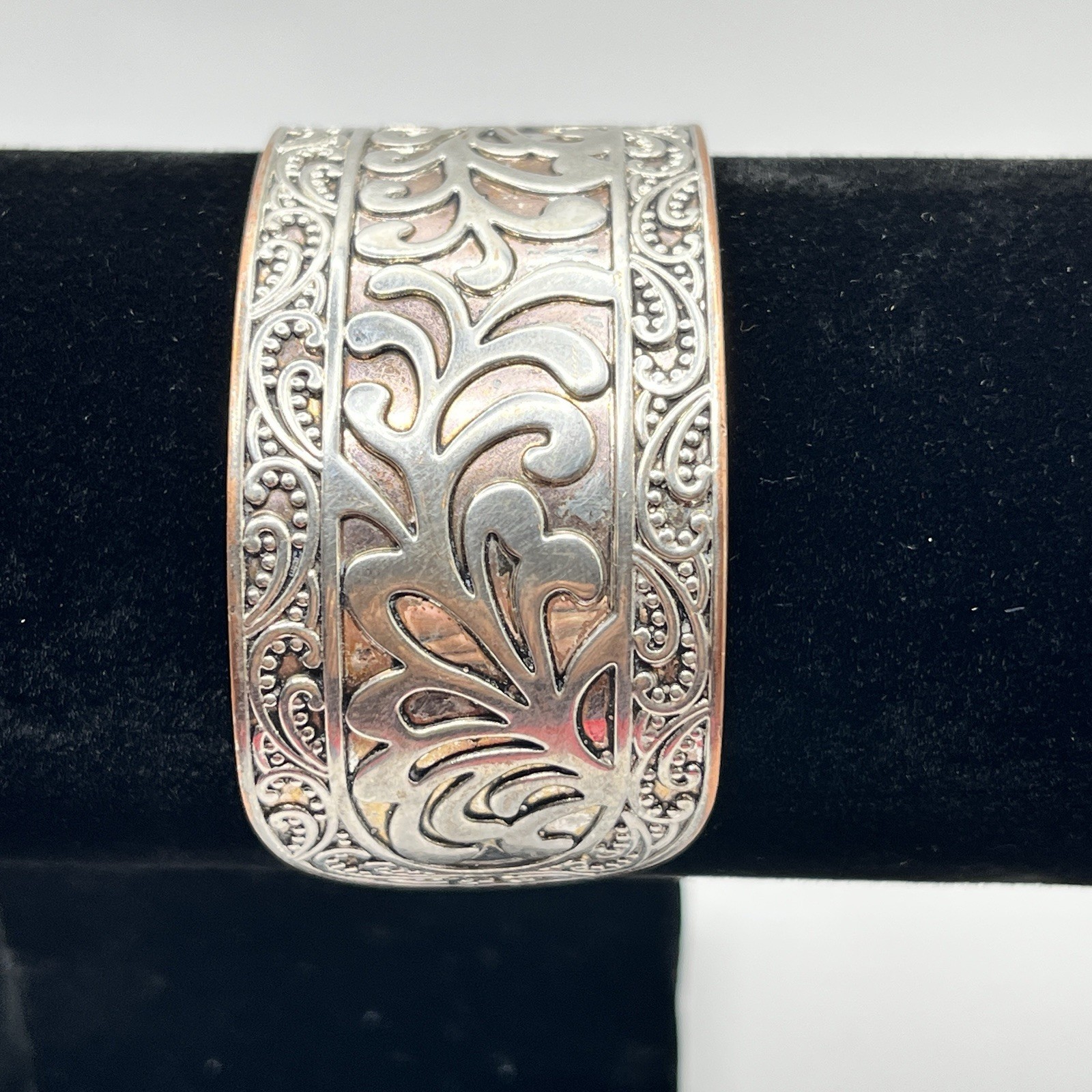 Floral Mixed Metal Scroll Work Cuff Bracelet – Silver Tone & Copper