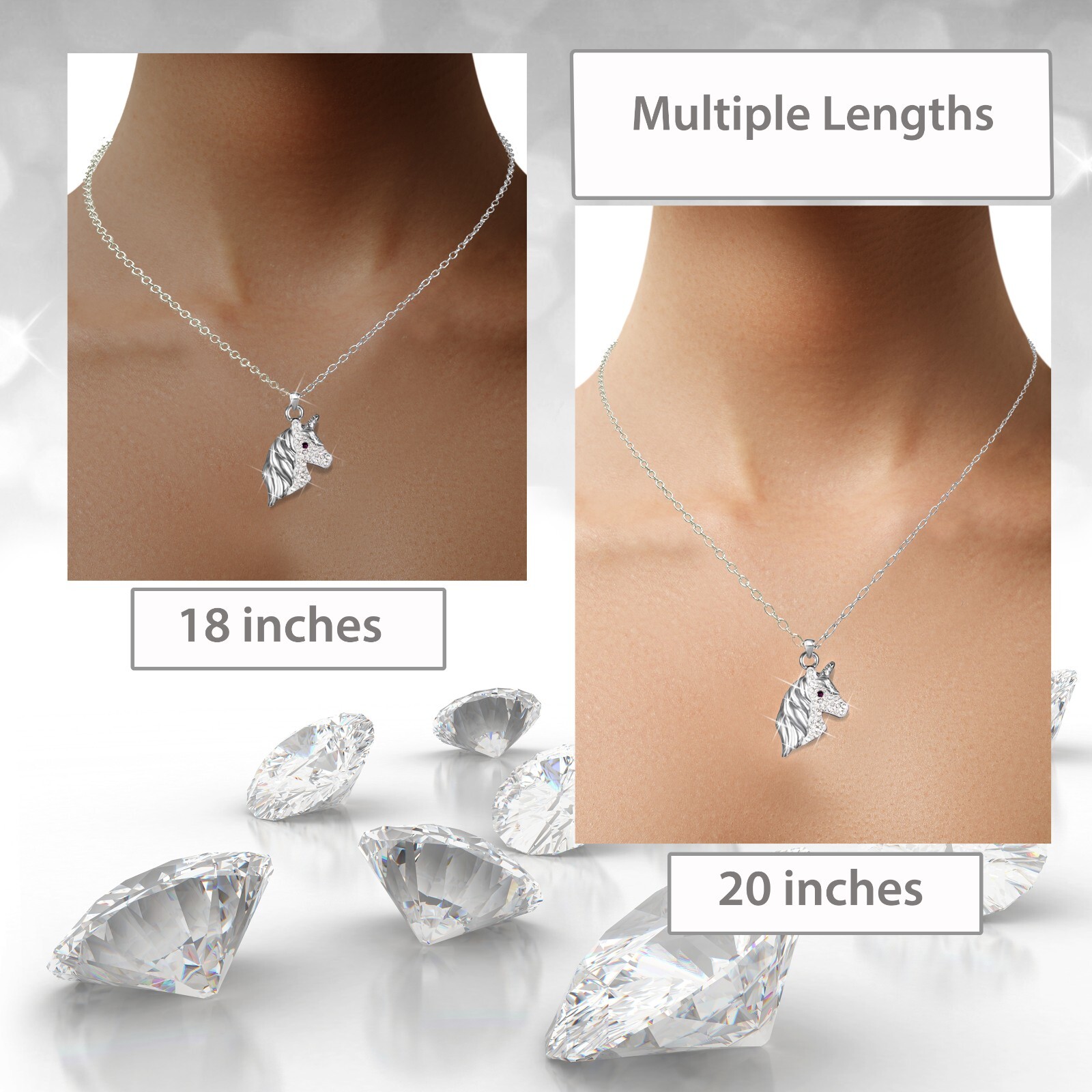 Silver Unicorn Necklace Cubic Zirconia Crystal Charm Gift Women Girls 18 inch