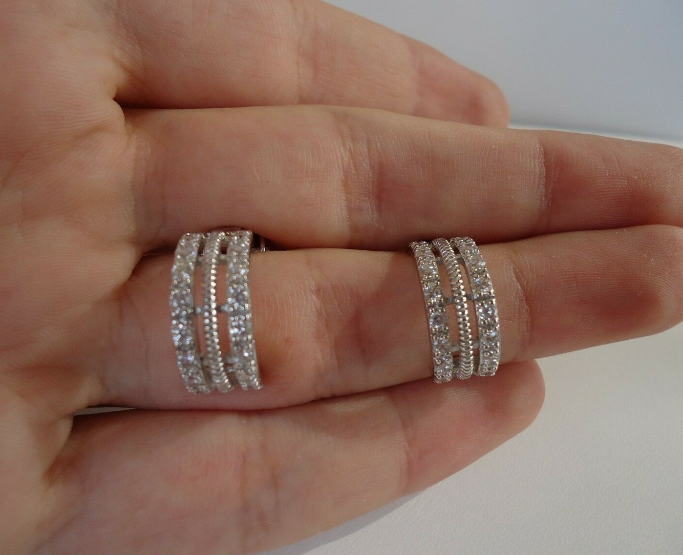FRENCH CLIP CRESCENT HOOP EARRINGS W/ LAB ACCENTS / 925 STERLING SILVER