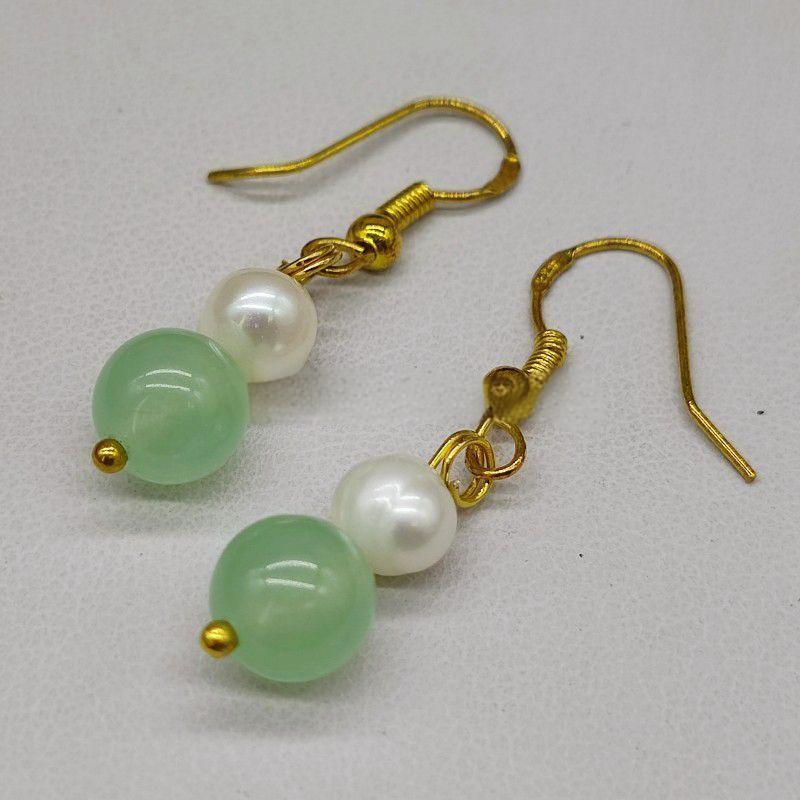 6-7mm Natural White Freshwater Pearl&8mm Green Jade Necklace Earrings 20″ Set