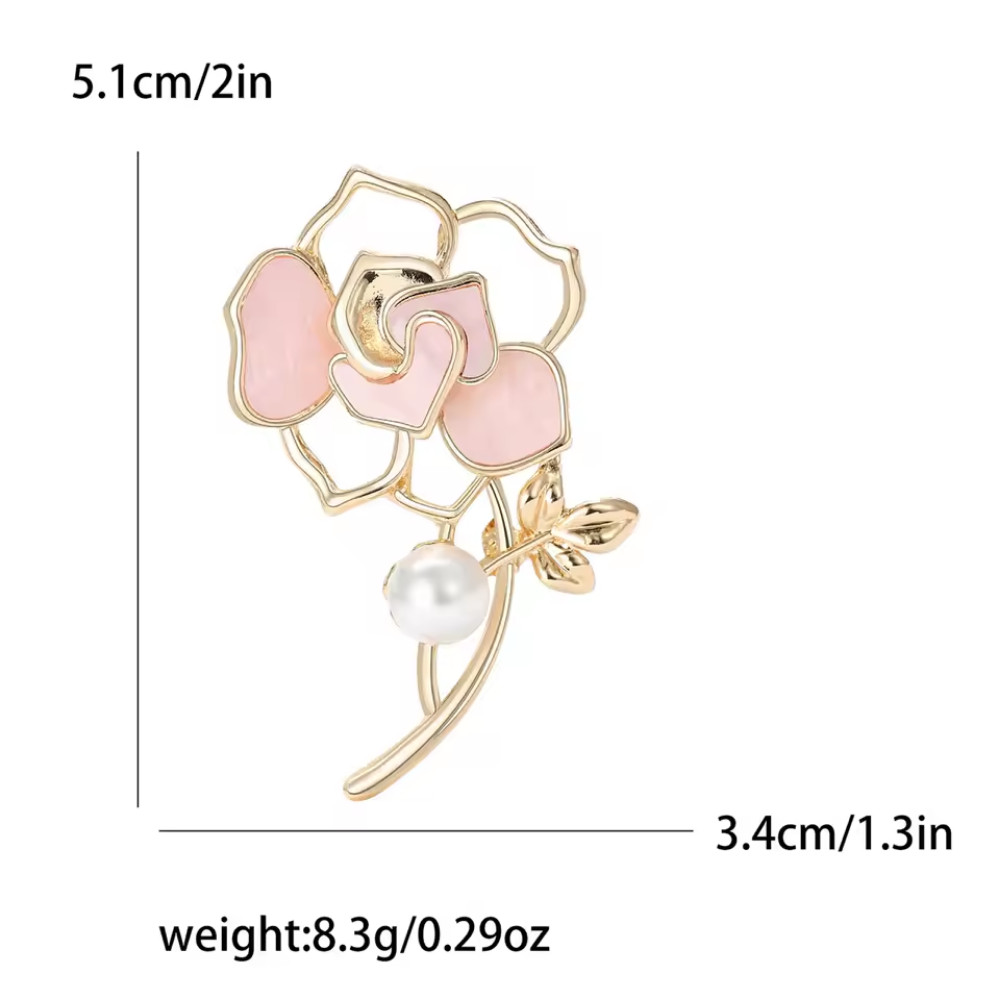 Vintage Style Camellia Flower Brooch Gold Pink Pearl Floral Pin Nature Gift Jewe