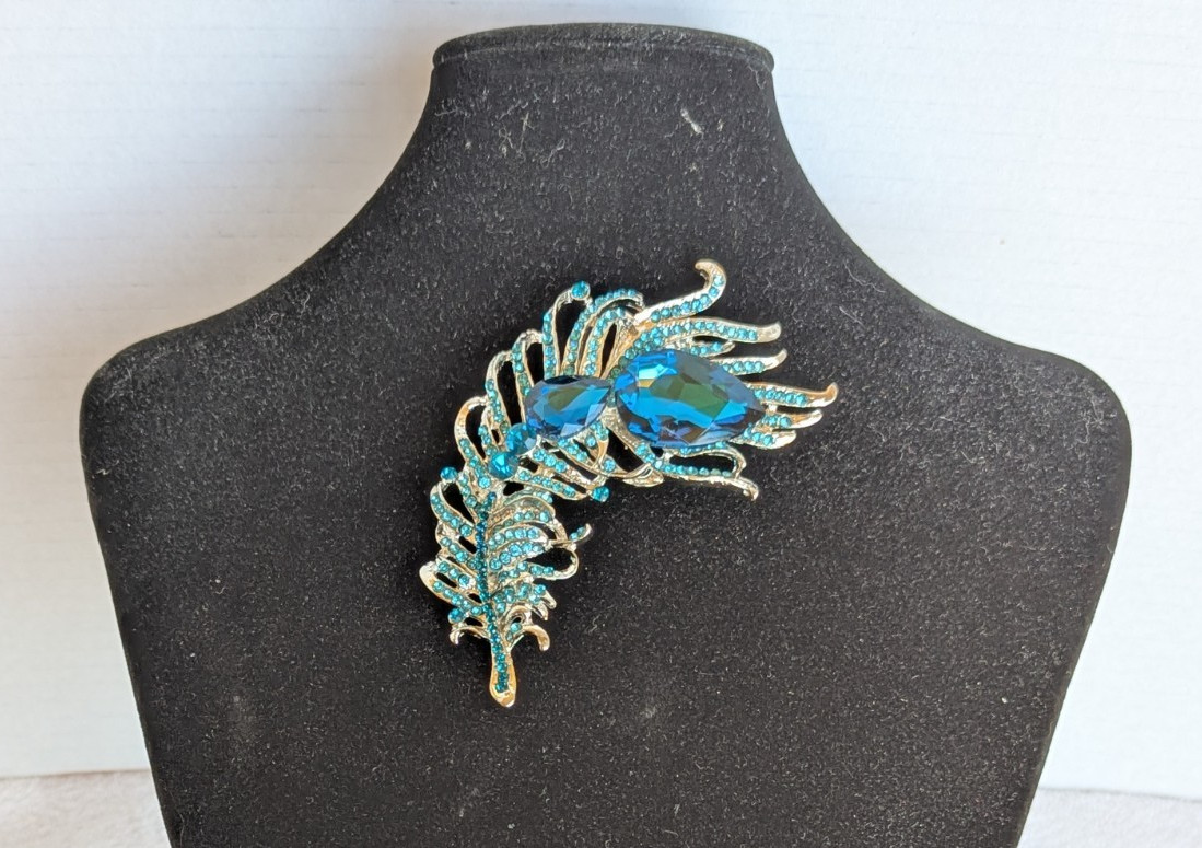 Blue Rhinestone Feather 3 3/4″ x 2 1/4 ” Brooch Pin