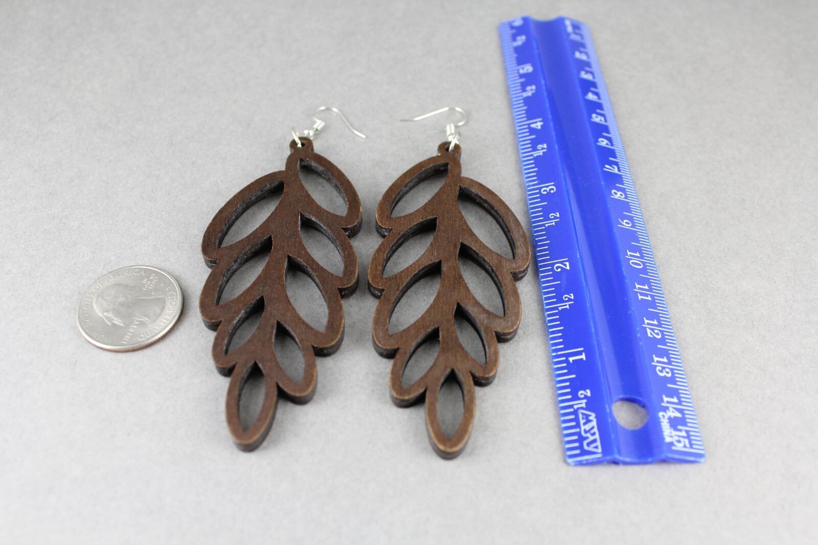 dark Brown wood leaf earrings dangle lightweight wood 4 3/8″ long feather vine