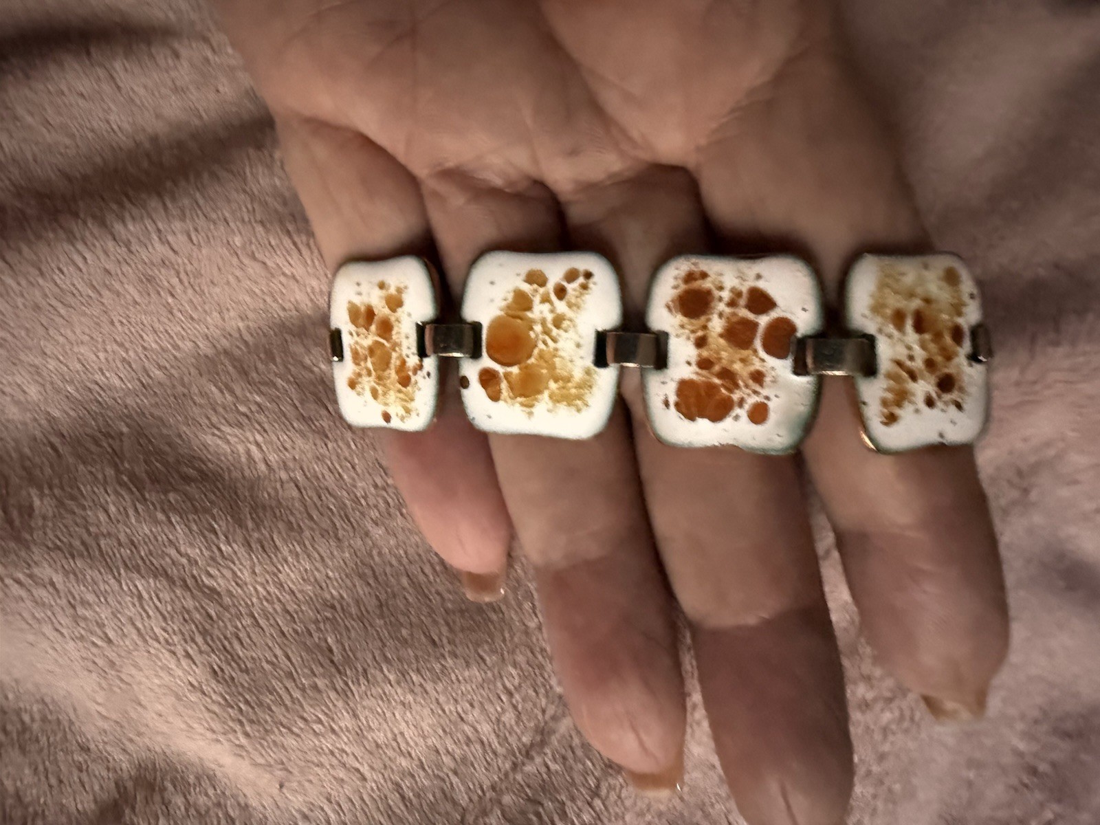 White Brown Speckled Enamel Link Chain Bracelet Square Link Design