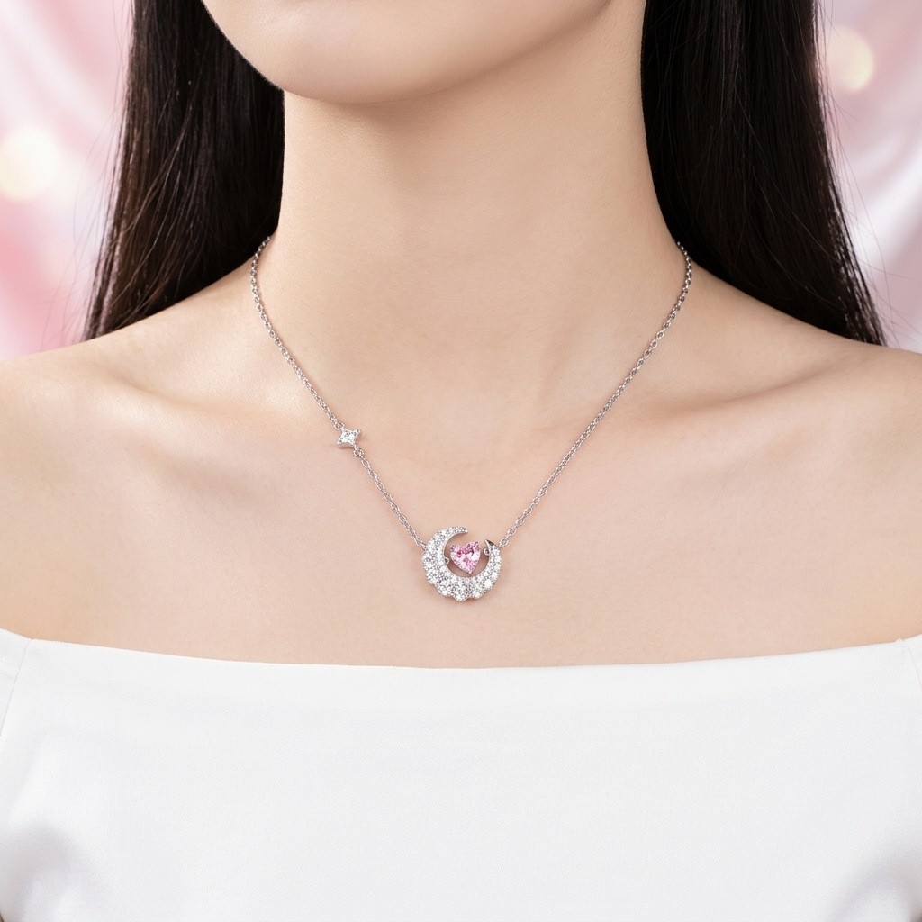 18K Gold Plated Moon Heart Pendant Necklace Women Celestial Dainty Steel Gift