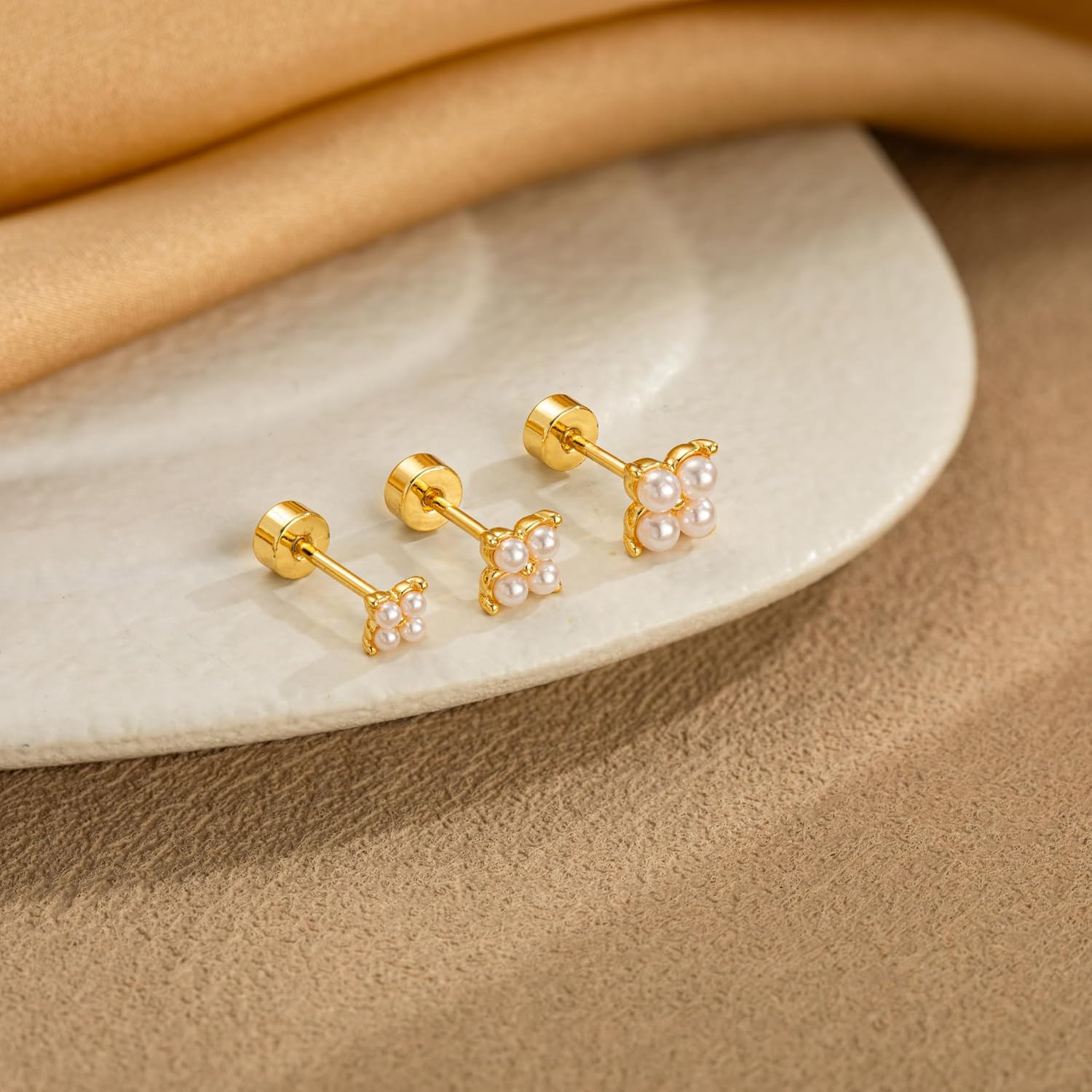 3 Pairs Small Flat Back Stud Earrings for Women-14K Gold Plated Hypoallergenic D