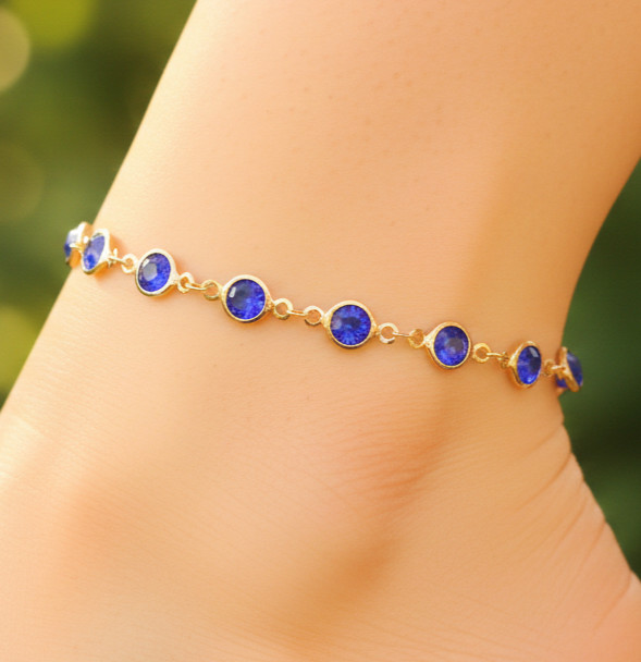 Elegant 18K Gold Plated Anklet Minimalist Sapphire Blue Tone Stone Bezel Chain