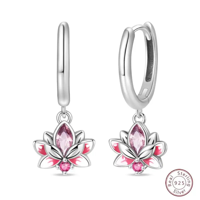 925 Sterling Silver Lotus Zircon Drop Earrings Women Wedding Classic Jewelry