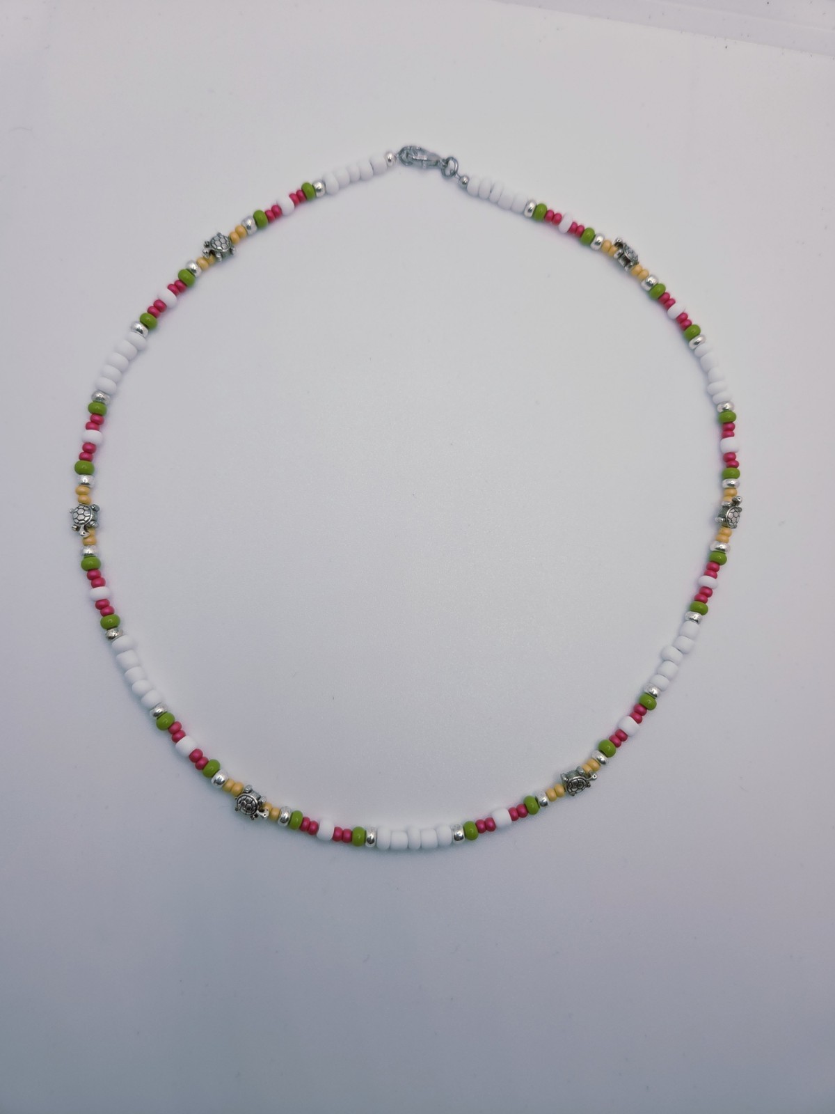Turtle Necklace Beaded Jewelry Glass Beads White Green Pink Lobster Clasp