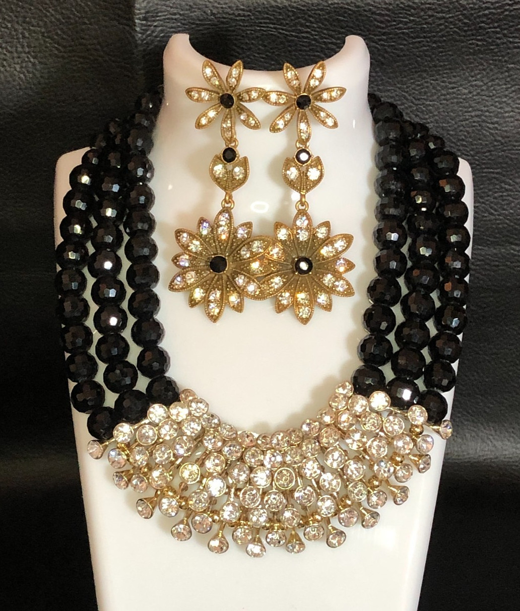 Gold Crystal Rhinestone Black Crystal Multi Strand Bead Necklace +Ear Brclt 8559
