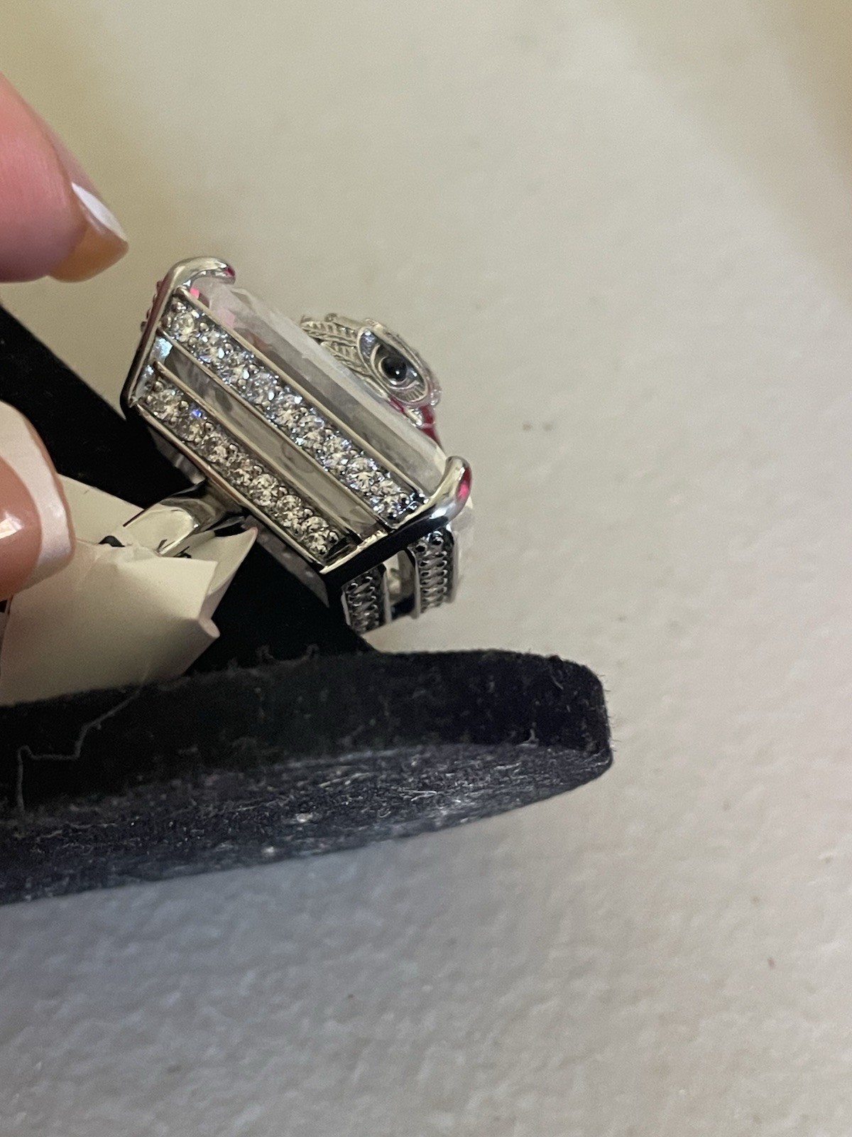 KURT GEIGER LONDON EXTRA LARGE SILVER TONE EMERALD CUT COCKTAIL RING IN CLEAR 8