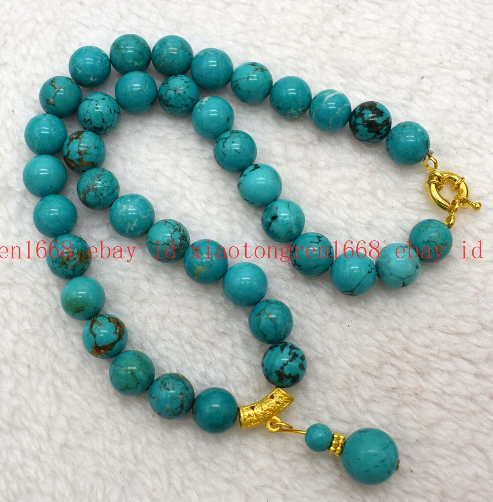 Natural 6/8/10/12mm Blue Turquoise Gemstone Round Beads Pendant Necklace 16-26in