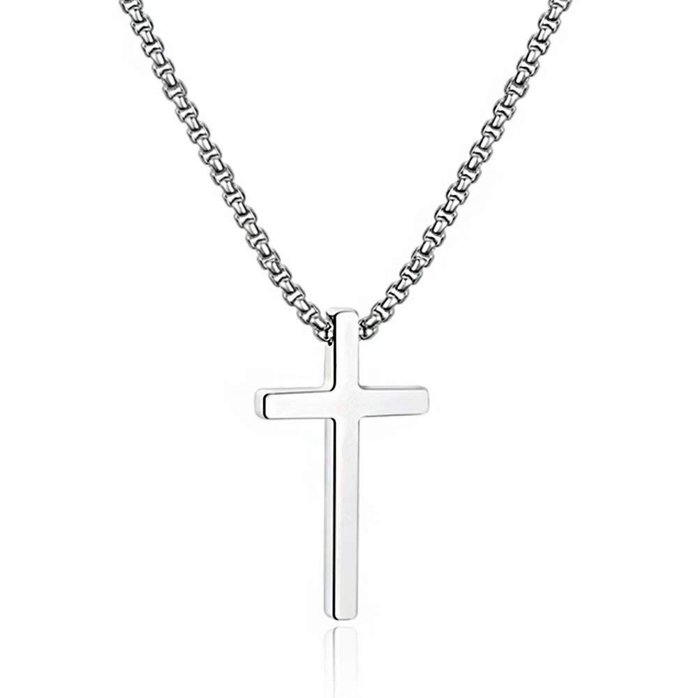 Cross Necklace for Men Silver Stainless Steel Mens Cross Chain Pendant Neckl…