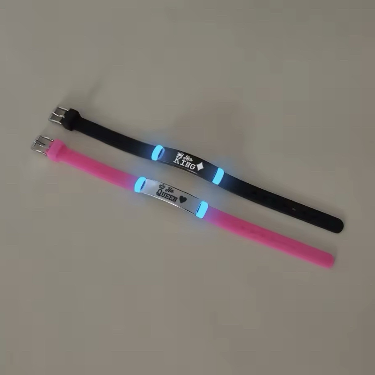 Glow in the Dark Silicone Buckle Couple Bracelets King/Queen Black Pink 16-21cm