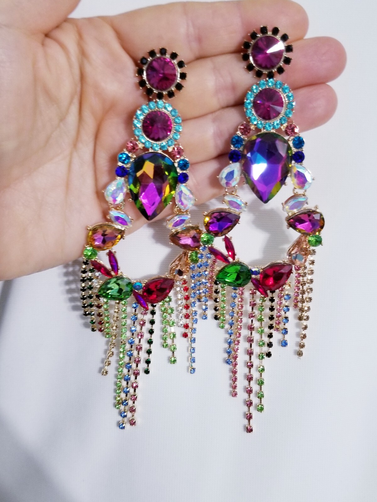 Chandelier Rhinestone Crystal Pageant Bridal Earrings Colorful Drop Dangle 6 In