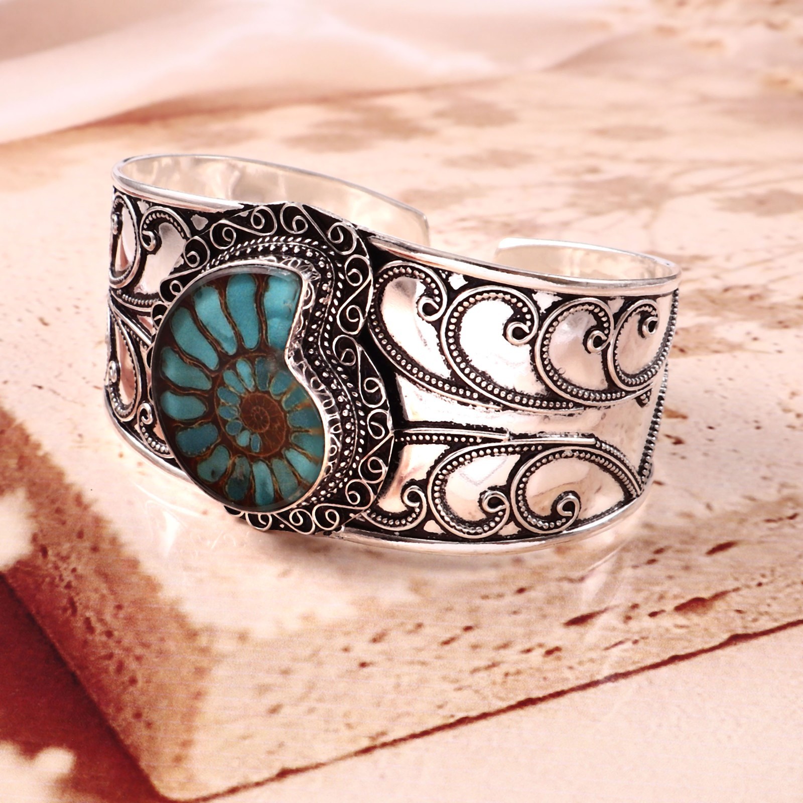 Handmade Blue Ammonite Fossil Sterling Silver Cuff Bracelet