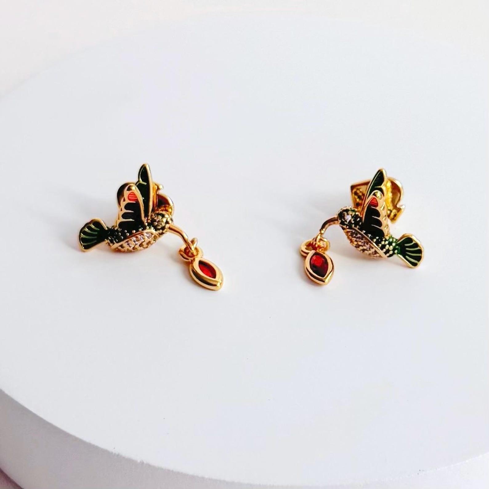 Kate humming bird red stud earrings Gift for her