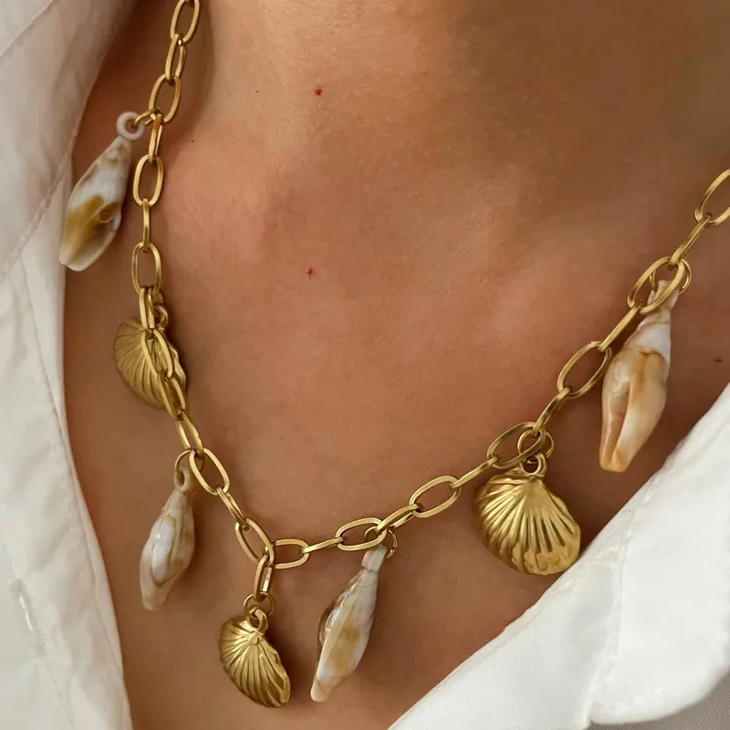 316L Stainless Steel Vacuum Plating Shell Geometric Ocean Conch Necklace