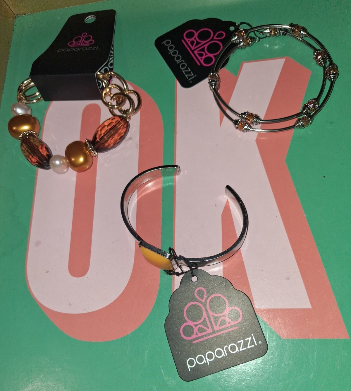 Paparazzi 3pc Stackable Bracelet Lot Beaded Dangle Charm Bangle Cuff Gold