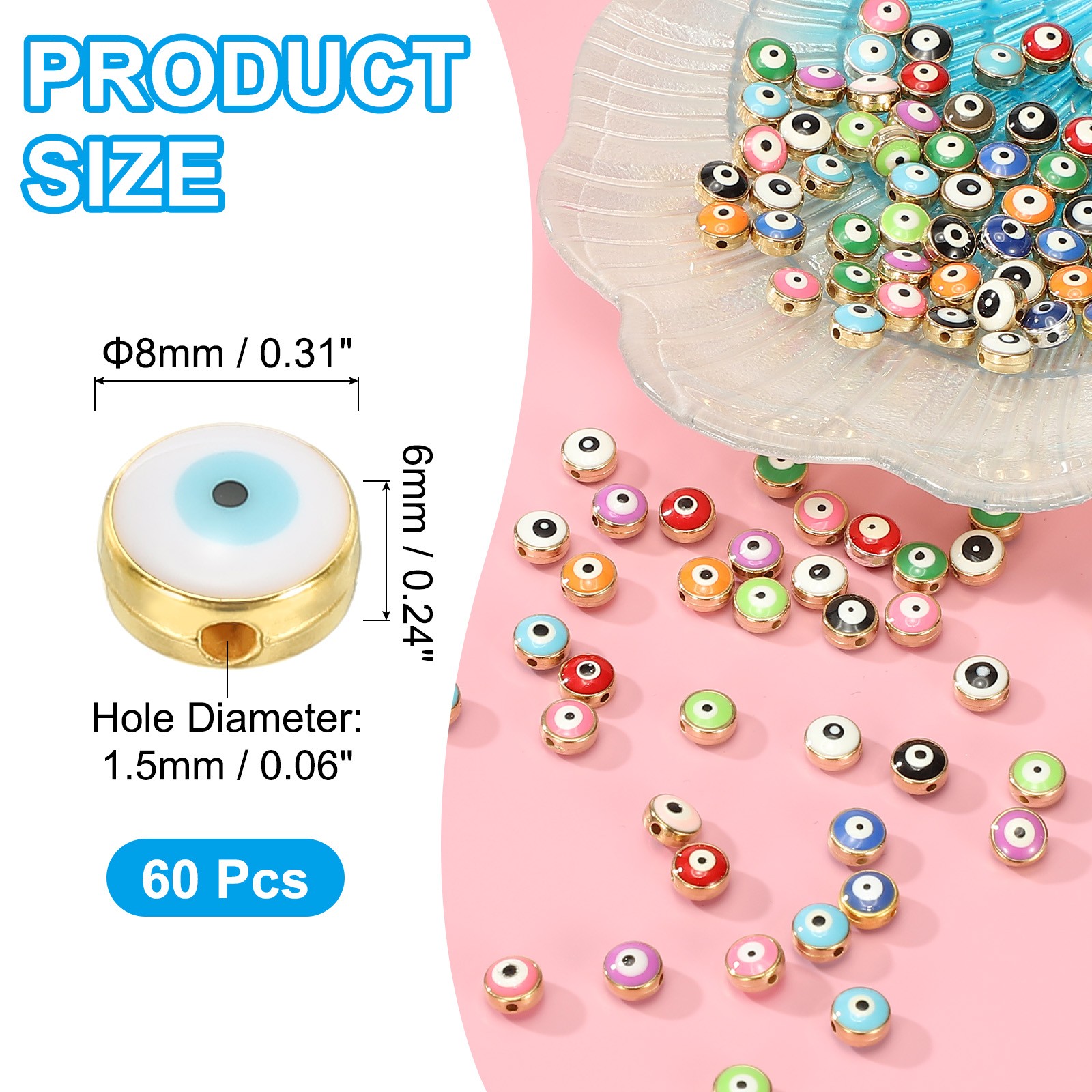 60 Pcs 8mm Flat Round Evil Eye Beads with Golden Edge, White