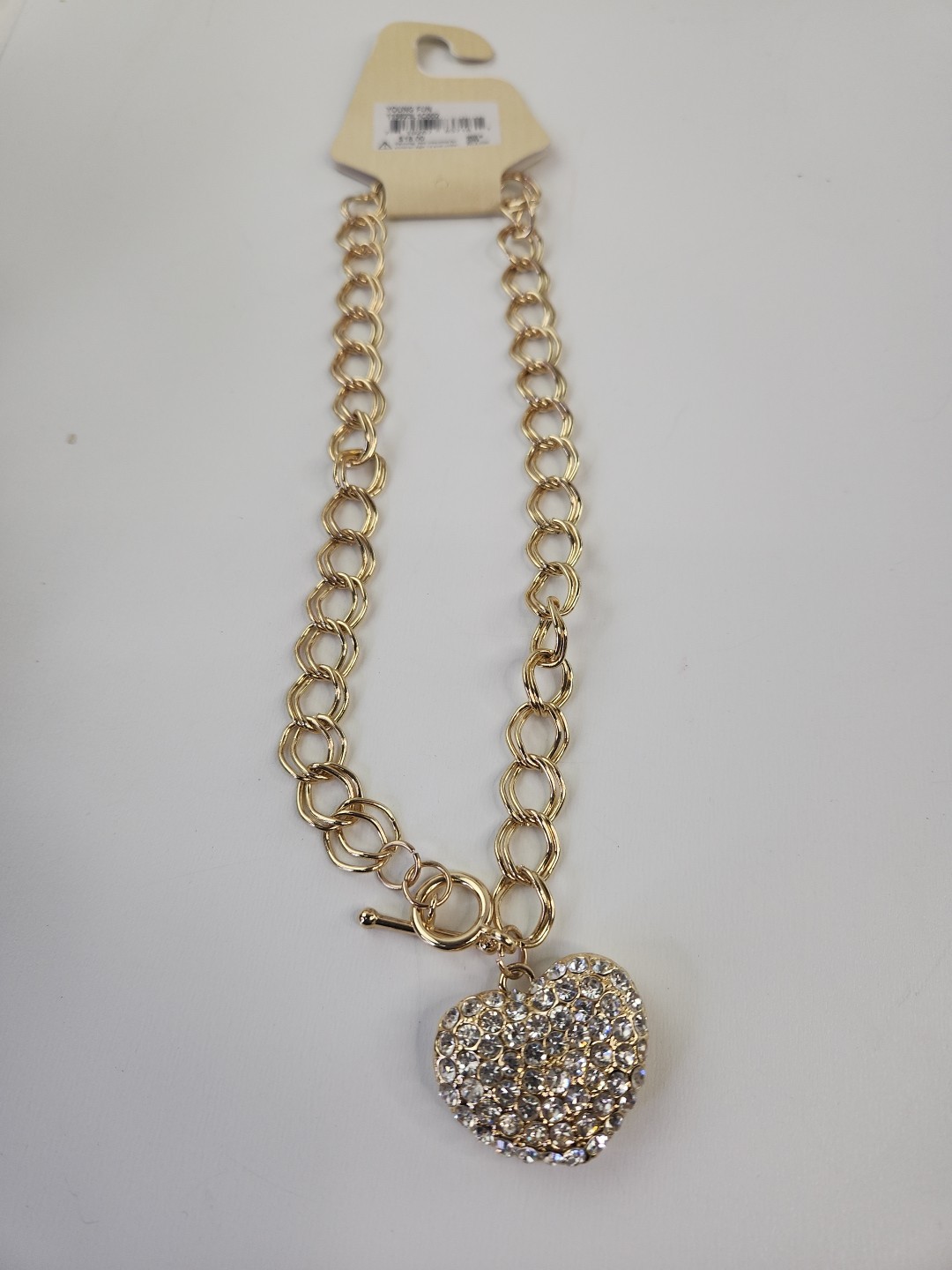 Red Camel Gold tone Link Necklace with Large Rhinestone Puffy Heart Pendant 17″.