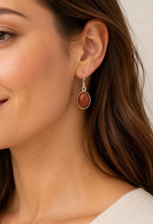 Goldstone Dangle Earrings Oval Sparkly Brown Gemstone Silver Jewelry Gift Her