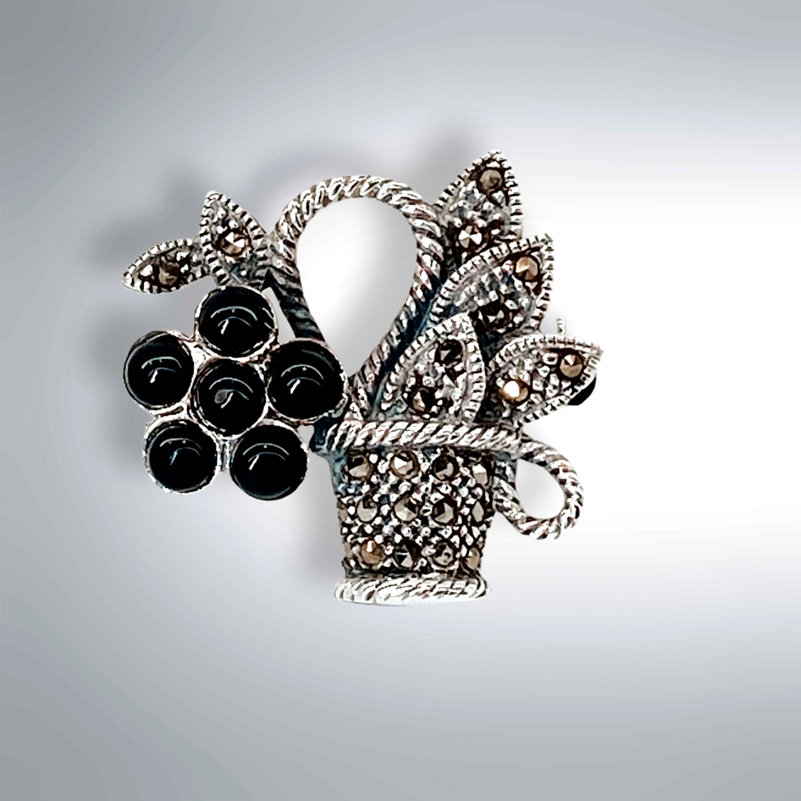 Onyx Sterling Silver Brooch Real Gemstones Marcasite 2.5 x 2.5cm New