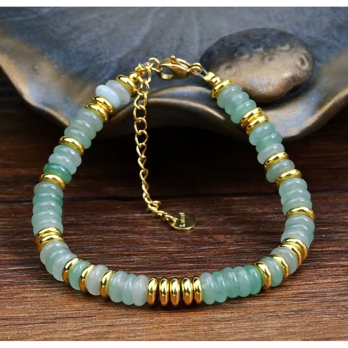 Green Jadeite Rondelle Bead Bracelet Gold Tone Stainless Steel Adjustable Women