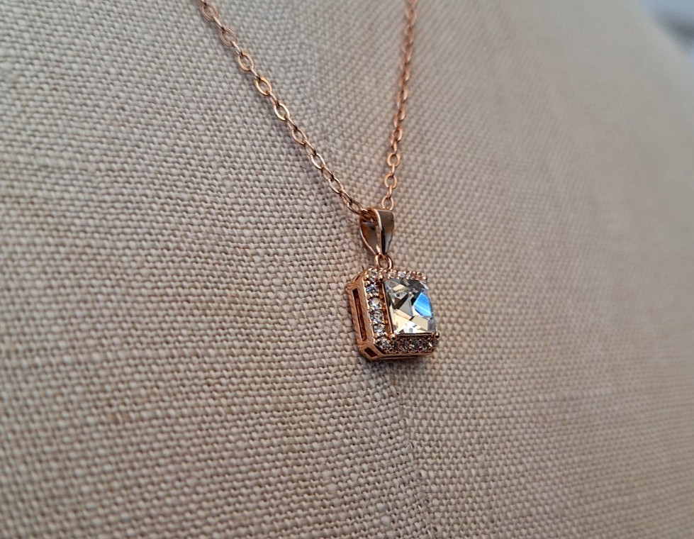JCM China Rose Gold Toned Square CZ with Pave on 18″ Cable Chain Necklace