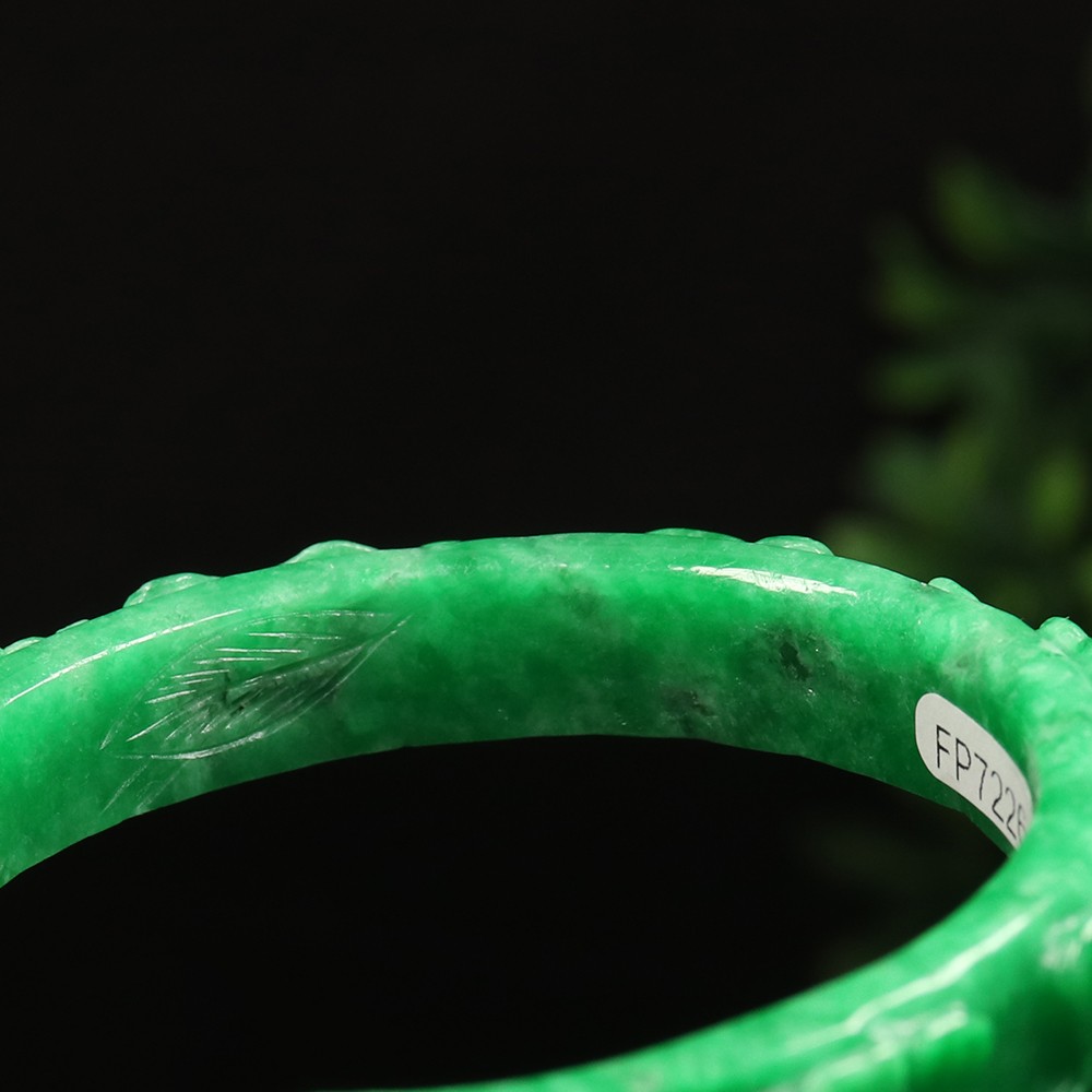 59mm Emerald Green Jadeite Jade Bangle Bracelet Handmade Ruyi Flower Bat A-14505
