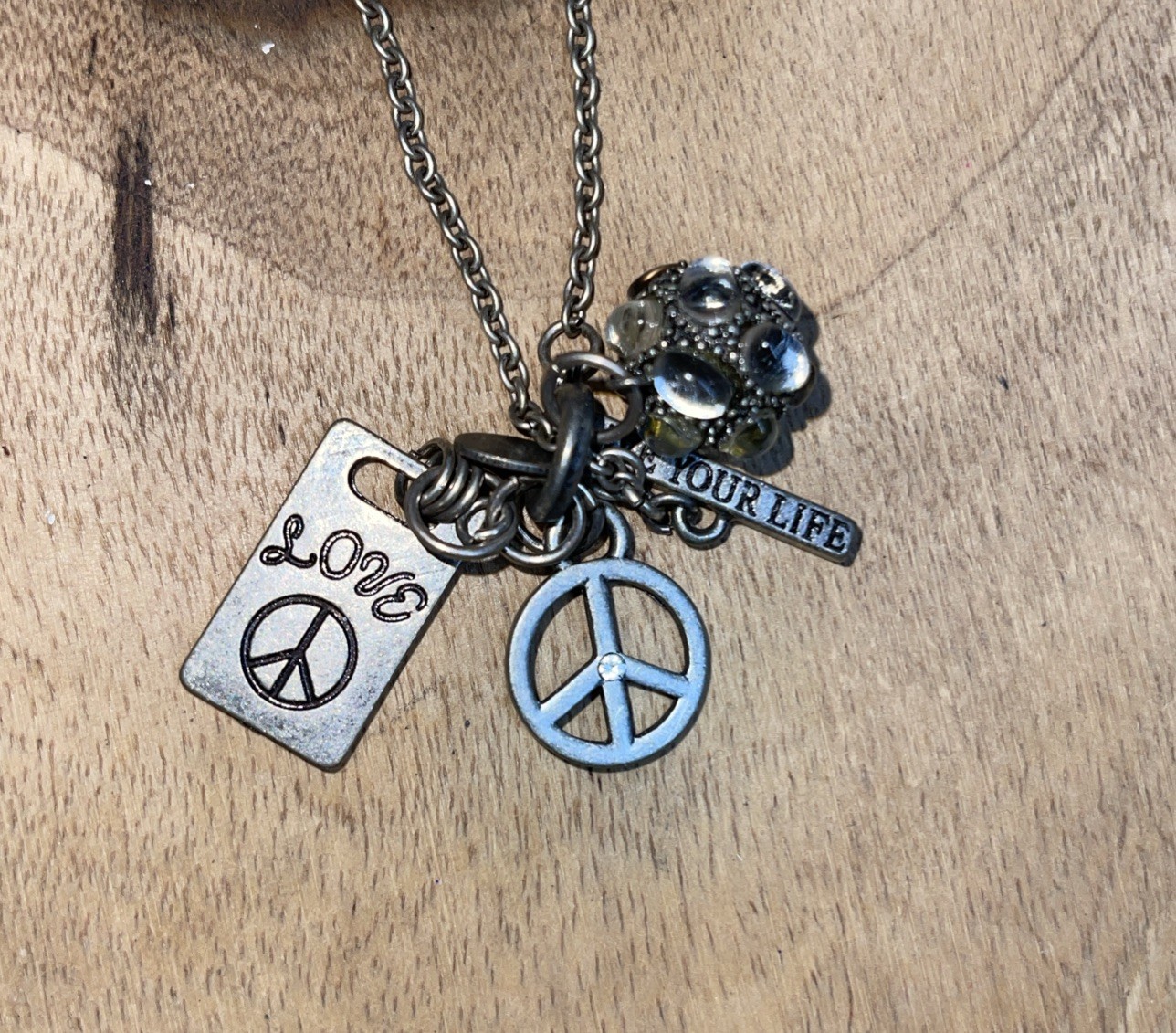 Pendant Necklace Boho Peace, Love Life, Love & Crystal Charms Silver Tone Aeo