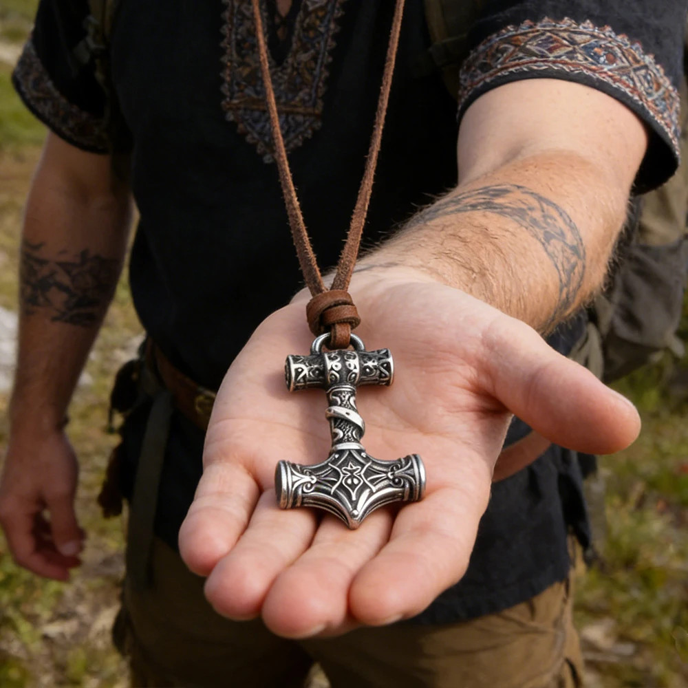 Viking Thor Hammer Mjolnir Necklace Nordic Rune Pendant Leather Cord Stainless