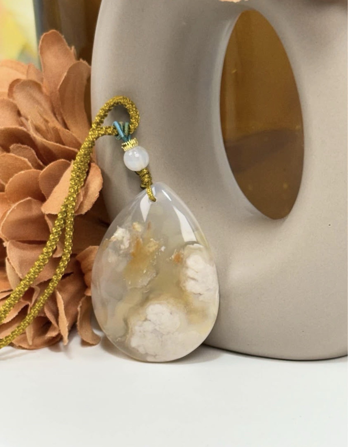 Flower Agate Yellow Pendant Necklace 43.6/9.3MM on Adjustable Nylon